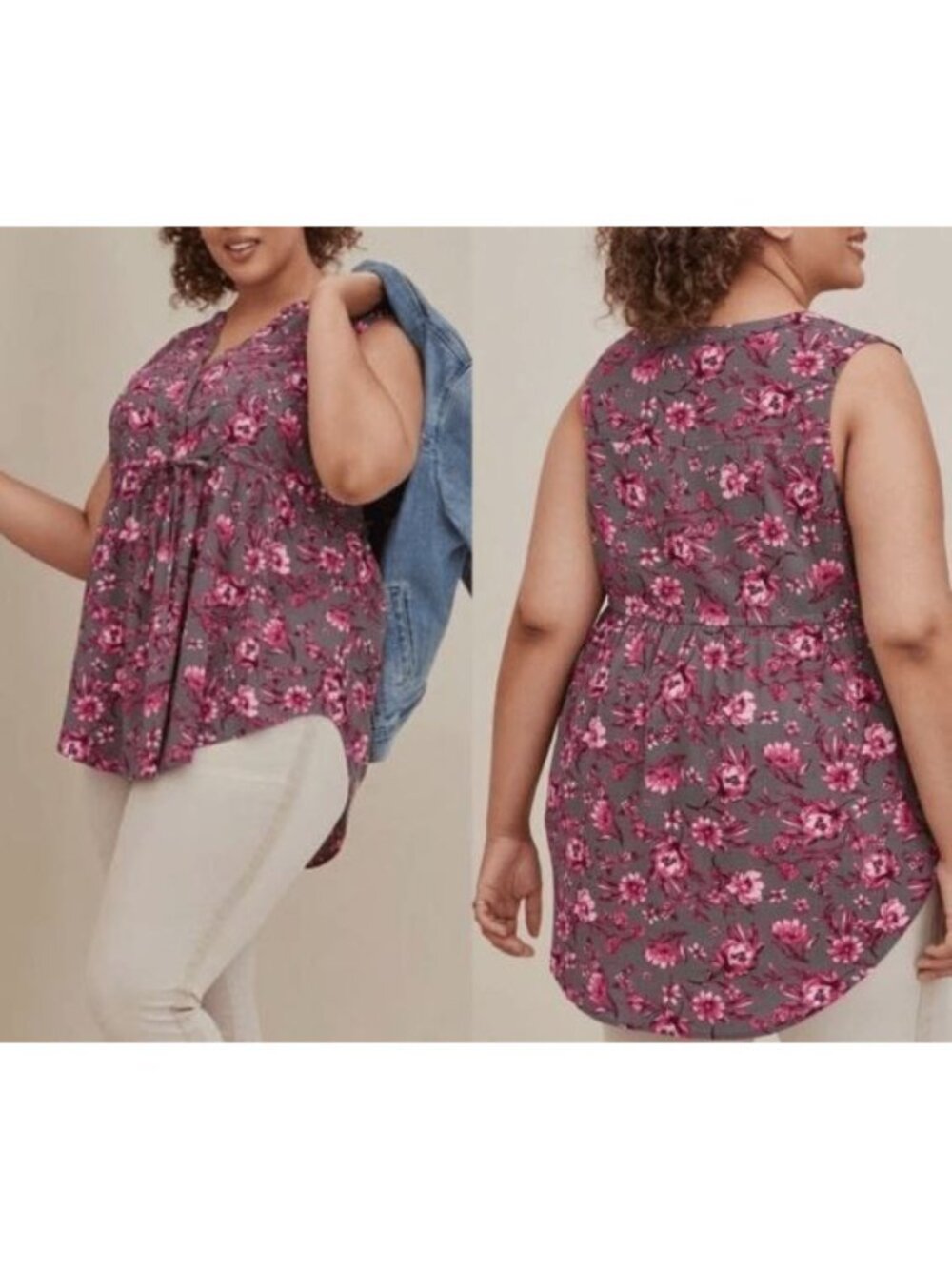 Torrid Top Womens 2X Gray Pink Floral Emma Babydoll Sleeveless Feminine Romantic